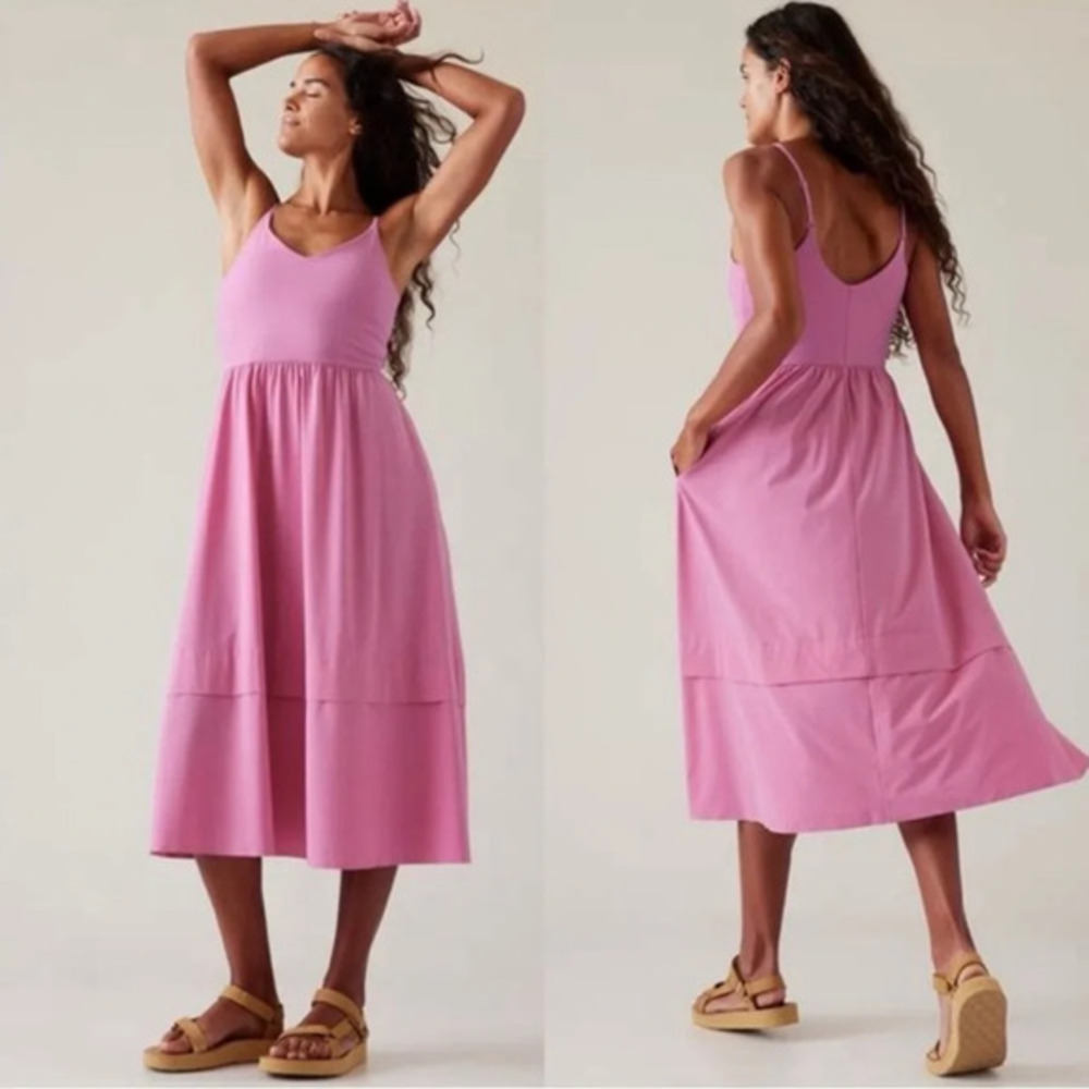 Athleta Pink Tank Midi Dress Women's Large Athleisure Quick Dry Pink Fit n Flare
